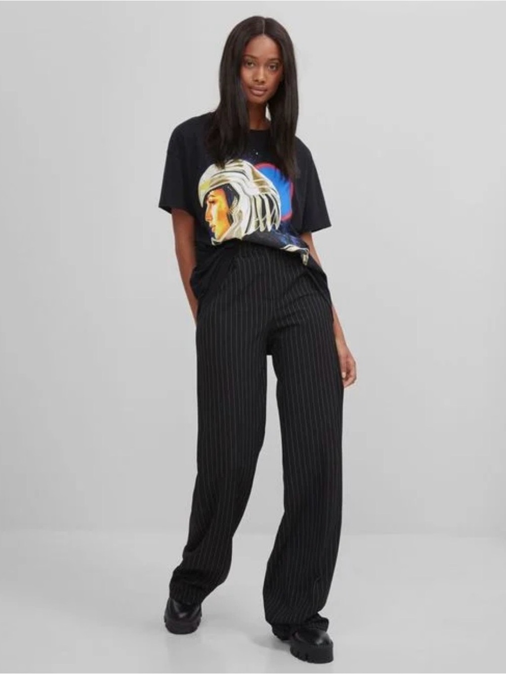 Bershka Black Pinstripe Wide-Leg Trousers